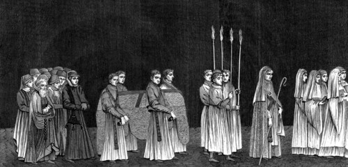 Rector of the university and a procession of monks of Saint-Victor's Abbey, 15th century (1849).Artist: A Bisson