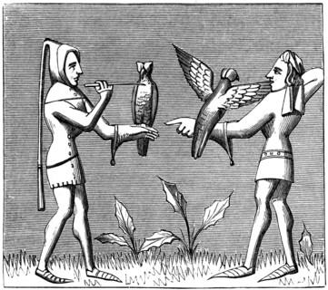 Falconers dressing their birds, 14th century (1849). Artist: Unknown