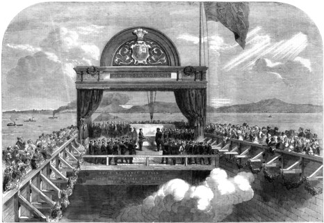 The Prince of Wales laying the last stone of the Victoria Bridge over the St Lawrence river, 1860.Artist: George Henry Andrews