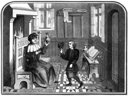 Inside the physicians house, 15th century (1849).Artist: A Bisson