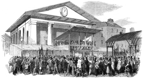 Election hustings in Covent Garden during the Westminster election, London, 1852. Artist: Unknown