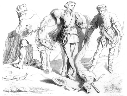English hunter, gamekeeper and fisherman, 1435 (1849).Artist: Drouart