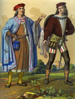 An English courtier of 1450 and an English gentleman of 1500 (1849).Artist: Edward May