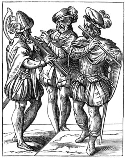 Flute and cornetto players, 16th century (1849).Artist: Jost Amman