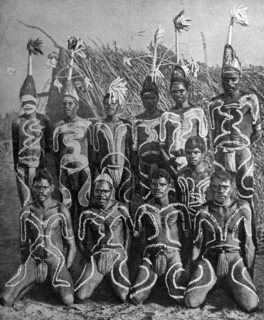 Men of the 'Never Never land', in totem attire, Australia, 1922.Artist: PJ MacMahon