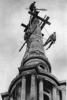 Steeplejacks on the spire of All Saints Church, Poplar, London, 1926-1927. Artist: Unknown