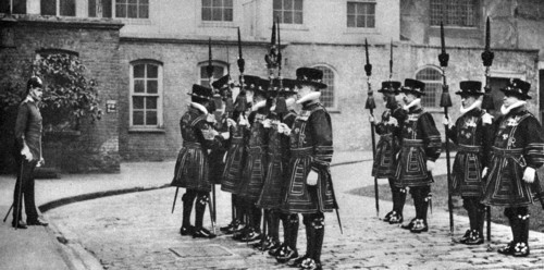 Yeomen Warders on parade at the Tower of London, 1926-1927. Artist: Unknown