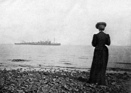 The Empress Maria Feodorovna looking at a Danish naval vessel off Hvidovre, Denmark, 1908.Artist: Queen Alexandra