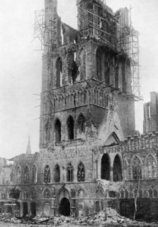 The tower of Market Hall after a German bombardment, Ypres, Belgium, First World War, (1920). Artist: Unknown