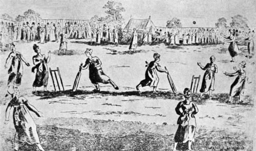 A ladies' cricket match, Newington Green, Islington, London, 1811 (1912). Artist: Unknown