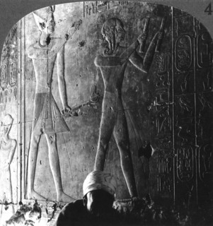 Sethos I and his son Ramses II worshiping their ancestors, Abydos, Egypt, c1900.Artist: Underwood & Underwood