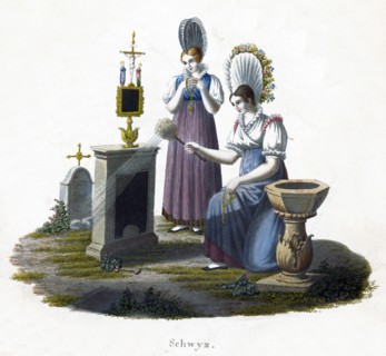 Two women standing before a headstone in a graveyard, c1800. Artist: Unknown