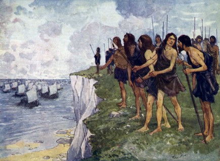 Britons awaiting the imminent arrival of viking ships, c16th century. Artist: Unknown