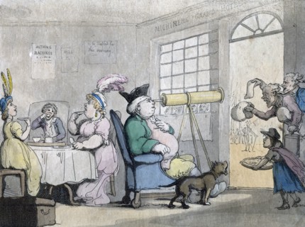 A portly gentleman looking through a telescope, 19th century. Artist: Unknown