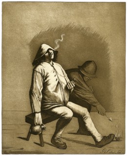Two men sitting on a bench, c18th century.Artist: Calnie