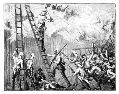 'Major Fraser's storming party carrying the stockade in front of Rangoon', 19th century. Artist: Unknown