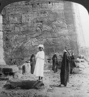 'The hunting of the wild bull, carved on a tempkle wall at Medinet Habu, Thebes, Egypt', 1905.Artist: Underwood & Underwood