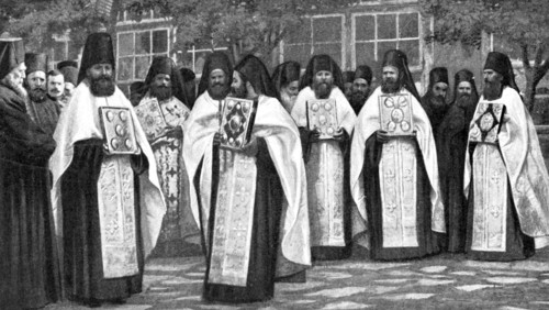 Monks of the Greek church carrying volumes of the Liturgy, Greece, 1922. Artist: Unknown