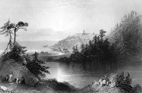 Lily Lake, with the town of St John on an outcrop beyond, Canada, 19th century.Artist: R Brandard