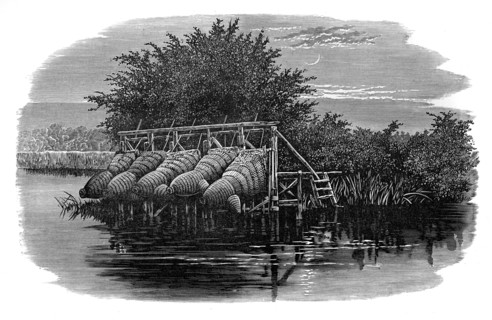 Eel bucks on the Thames, 19th century. Artist: Unknown