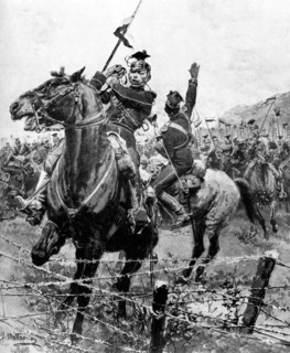 Uhlans checked by barbed wire near Liege, Belgium, First World War, 1914. Artist: Unknown