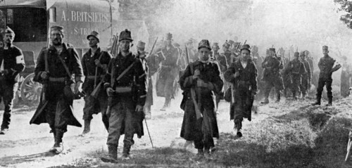 Belgian troops nearing the scene of battle, First World War, 1914. Artist: Unknown