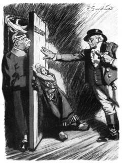 'Stand Back!', John Bull helps little Belgium to bar the German invader, First World War, 1914. Artist: Unknown