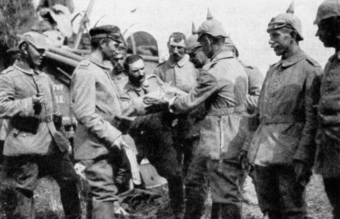 German troops stopping for midday rations on the way to Brussels, First World War, 1914. Artist: Unknown