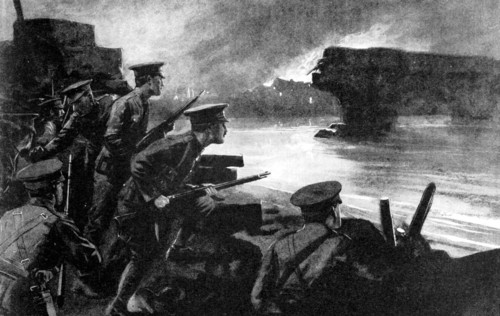 British troops on riverbank prepared for German advance, Belgium, First World War, 1914. Artist: Unknown