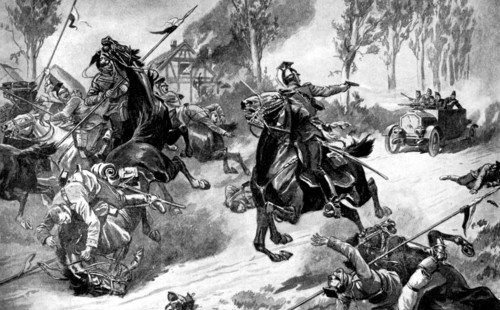 Armoured Belgian troops under attack by Uhlans, First World War, 1914. Artist: Unknown