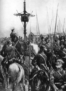 British troops passing through a Galician village, Spain, First World War, 1914. Artist: Unknown