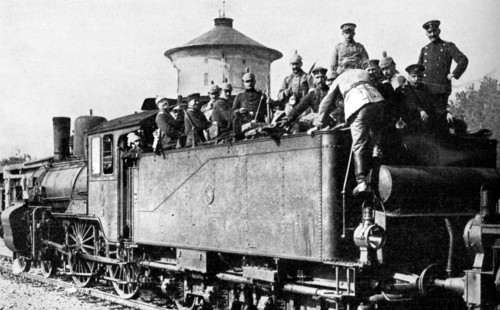 German troops travelling by train to the eastern front, First World War, 1914. Artist: Unknown