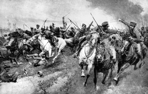 Russian Cossacks attacking German army, East Prussia, First World War, 1914. Artist: Unknown