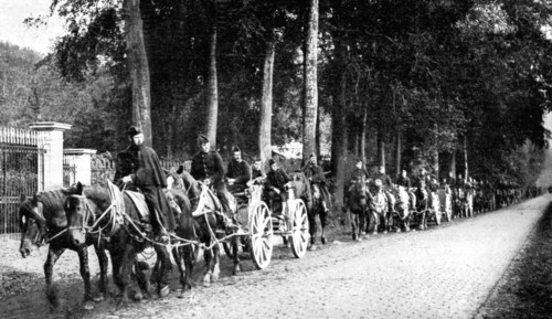 Belgian artillery avoiding German Taube planes, First World War, 1914. Artist: Unknown