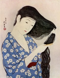A Japanese woman combing her hair, 1920 (1930).Artist: Hashiguchi Goyo