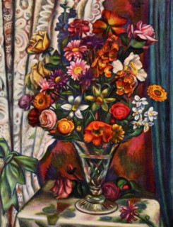 Still life of flowers in a silver vase, 1930.Artist: Mark Gertler