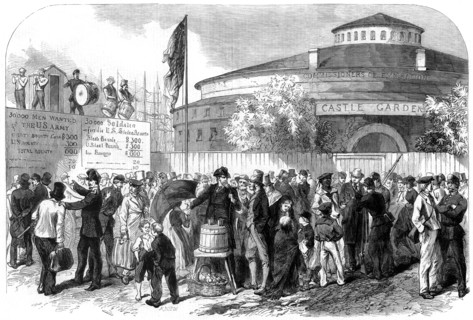 Enlisting Irish and German emigrants on the Battery, New York, USA, 1864. Creator: Mason Jackson.