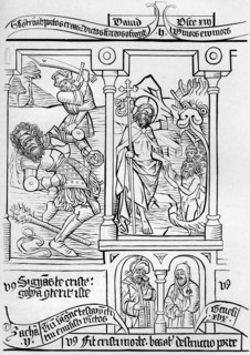 Fragment facsimile of page 28 of the Bible of the Poor, 1849.Artist: A Bisson
