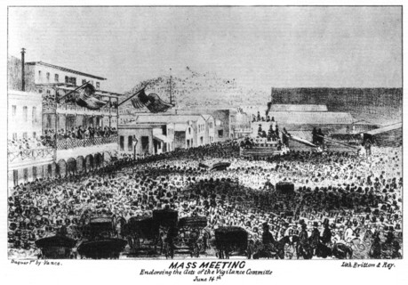 A mass meeting outside Fort Vigilant, Sacramento, California, 1856 (1937).Artist: Britton & Rey
