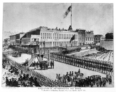 The execution of Hetherington and Brace, Fort Vigilance, Sacramento, California, 1856 (1937).Artist: Britton & Rey