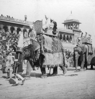 An elephant procession passing Jumma Masjid, Delhi, India, 1900s.Artist: H Hands & Son