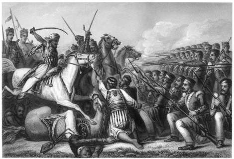 'Mutineer cavalry attacking an infantry square at the Battle of Cawnpore', 1857, (c1860). Artist: Unknown