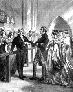 Queen Caroline (1768-1821) being turned away from Westminster Abbey, 1820 (c1895). Artist: Unknown