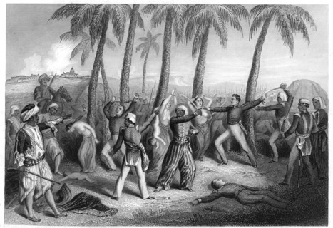 'Massacre of English officers and their wives at Jhansi', 1857, (c1860). Artist: Unknown