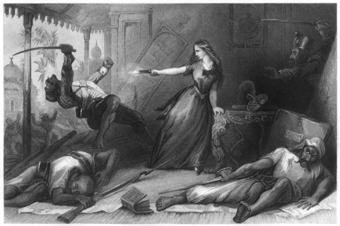 'Miss Wheeler defending herself against the Sepoys at Cawnpore', 1857, (c1860). Artist: Unknown