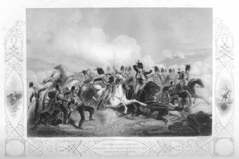 Light cavalry attacking the Russian guns at Balaclava during the Crimean War, 1854 (1857).Artist: W Hulland