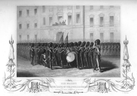 Queen Victoria (1819-1901) taking leave of the Fusilier Guards, London, 1857.Artist: T Sherratt