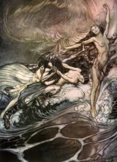 'The Rhine Maidens obtain possession of the ring and bear it off in triumph' c1911. Artist: Arthur Rackham
