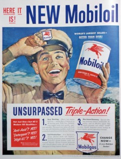 Mobiloil motor oil advert, 1949. Artist: Unknown