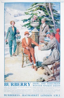 Advert for Burberry snow and wind-proof winter sports dress, 1928. Artist: Unknown